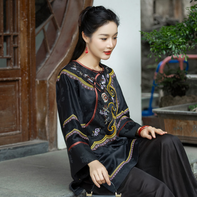 华族经典重缎香云纱高端刺绣民国风太太服中长款唐装旗袍上衣女