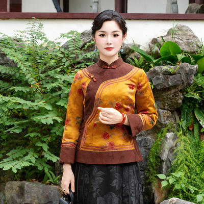 华族经典夹棉加厚冬季唐装女棉衣红云纱开襟复古旗袍上衣251037