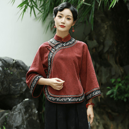 华族经典香云纱高端绣花唐装优雅复古中国风盘扣旗袍上衣嫣语灵珑