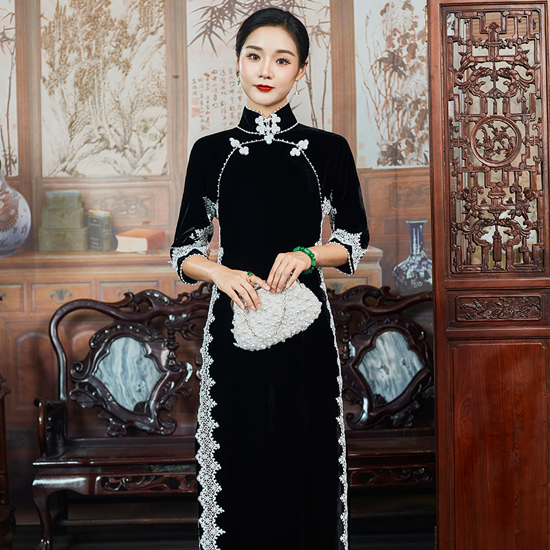 华族经典复古民国风旗袍传家同款上海名媛重工奢华优雅祺袍长款秋