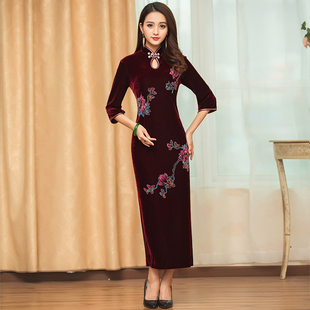 华族经典婚礼妈妈旗袍礼服大码长款复古改良日常中袖丝绒旗袍裙