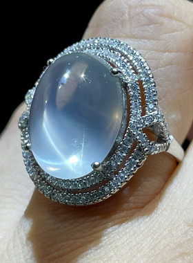 天然月光猫眼戒指925银镶嵌时尚百搭大气送女友闺蜜