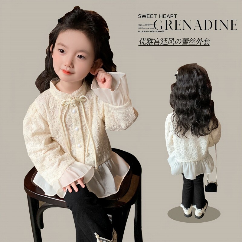 女童外套春秋新款韩版儿童洋气蕾丝衬衫女宝宝时尚复古娃娃衫上衣