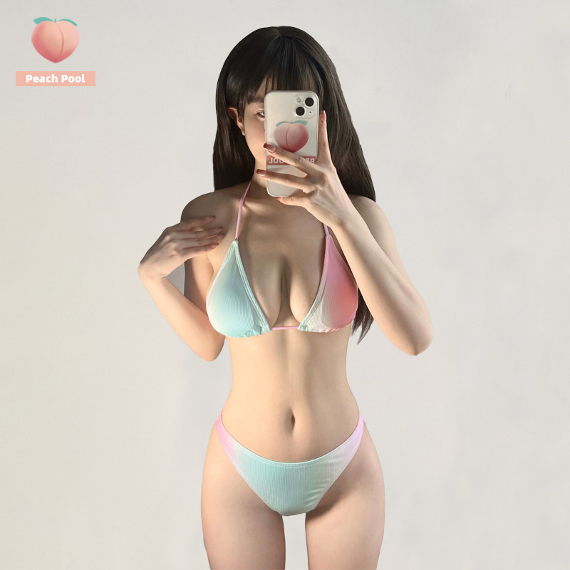 周扬青同款日系可爱少女晕染花色大小胸聚拢性感三角比基尼泳衣女