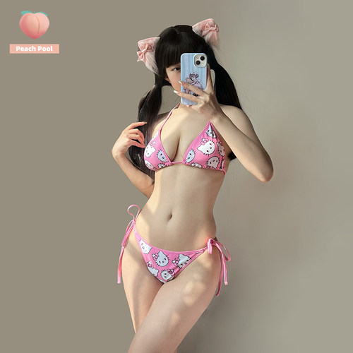 日系可爱少女甜美粉色小胸聚拢挂脖显瘦罩衫三件套比基尼泳衣女