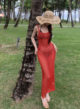 泰国INS风少女小清新纯欲风轻奢红色渔网长裙辣妹性感黑色比基尼