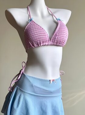 紫色可爱甜妹性感辣妹蓝色裹裙保守比基尼女三件套温泉海边度假