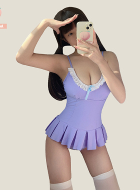 日系可爱少女甜美紫色学生保守小胸聚拢显瘦温泉度假泳装连体泳衣