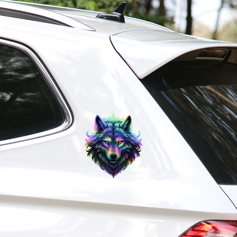 镭射彩色狼头车贴汽车摩托电动车贴纸防水反光装饰贴画创意个性贴