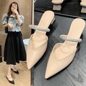 女粗跟时装 heel 鞋 包头水钻中跟拖鞋 women high sandals slippers