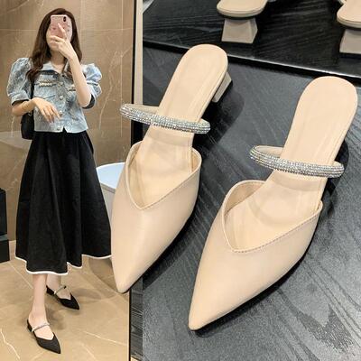 包头水钻中跟拖鞋女粗跟时装鞋women high heel sandals slippers
