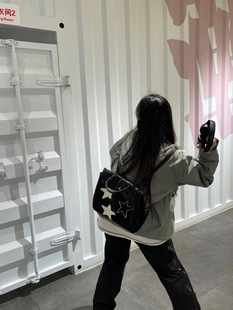 韩系新款星星辣妹甜酷风毛巾包双肩包拼接皮质小众设计感百搭