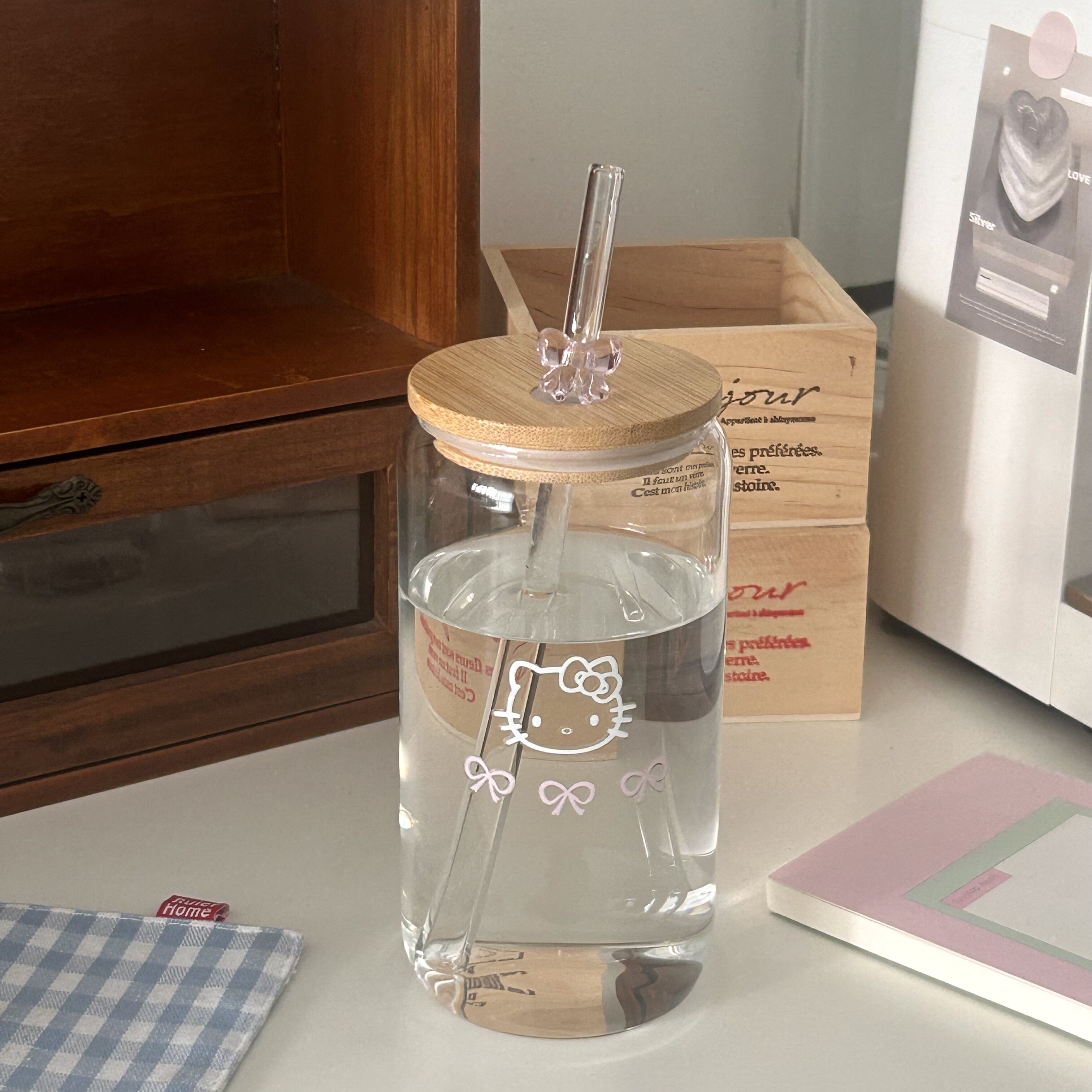 高颜值蝴蝶结玻璃水杯耐高温高硼硅玻璃杯吸管杯桌面随手水杯宿舍