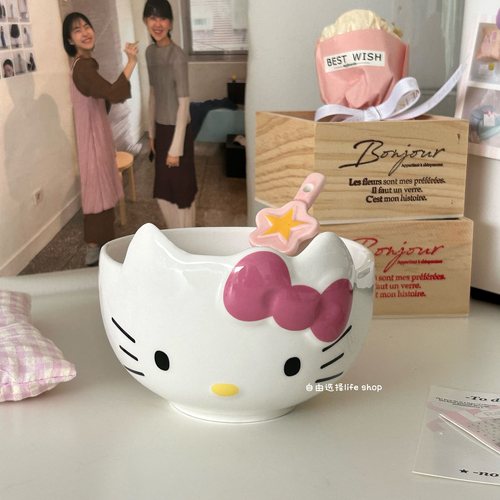 卡通可爱KT猫咪少女心陶瓷碗沙拉碗水果酸奶碗精致餐具大容量