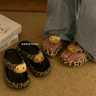 沙滩豹纹KT厚底人字拖2025新款夏季舒适外穿夹脚拖鞋女海边凉拖鞋