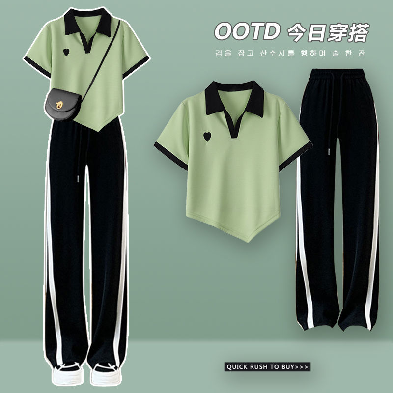 大码女装休闲套装女2023夏装新款显瘦遮肉上衣女洋气阔腿裤两件套