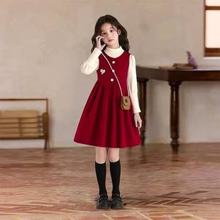 女童红色拜年服连衣秋冬季裙套装2026新款洋气时髦新年喜庆连衣裙