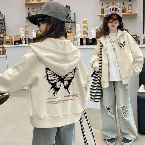 女童开衫连帽卫衣外套2026春装新款卡通印花加绒中大童拉链上衣潮