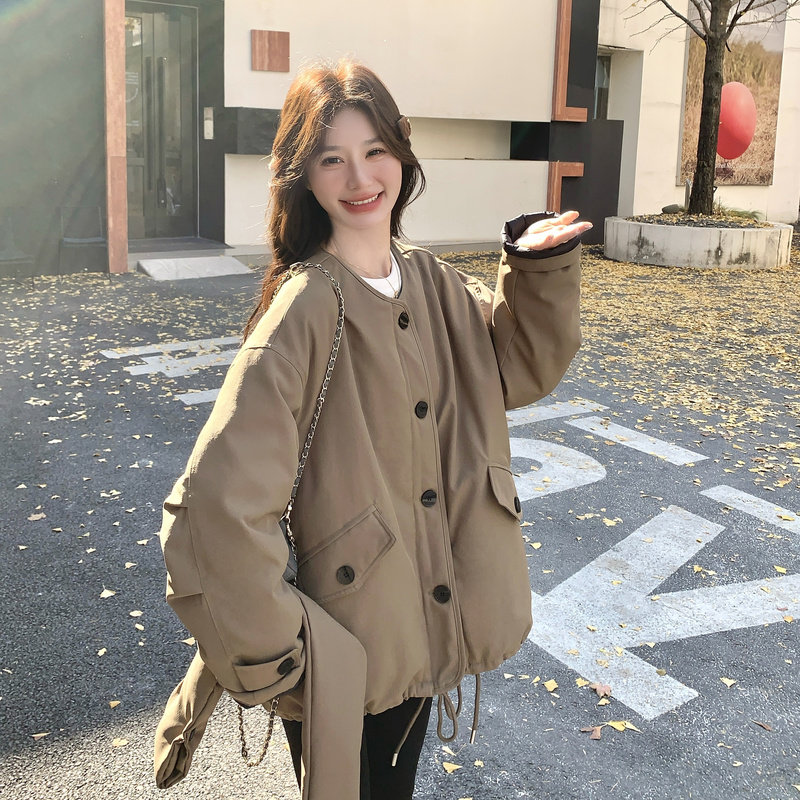 卡其色围脖工装羽绒服女冬2025新款超火好看高级小众加厚中长外套,女装羽绒服,2B227