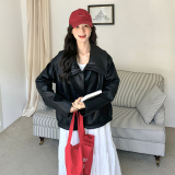 黑色好看高级感娃娃领机车皮衣夹克女春新款小个子休闲显瘦短外套，女装皮衣，浙宝165