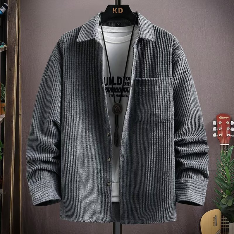 时尚青年衬衫灯芯绒翻领宽松衬衣春秋季夹克外套男士休闲潮流长袖