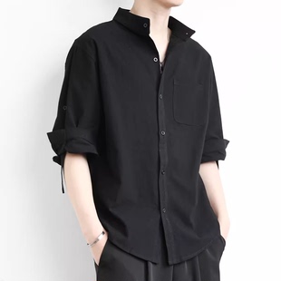 男短袖 休闲外套长袖 衬衣宽松男士 七分男装 上衣 简约风秋季 棉麻衬衫