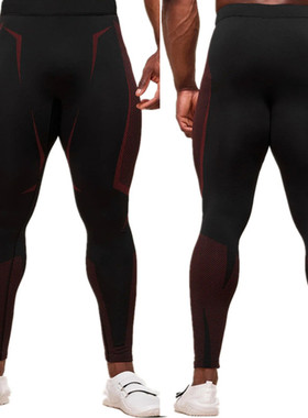 GYM运动速干紧身长裤男人健身打底裤黑色印花拼接瑜伽裤