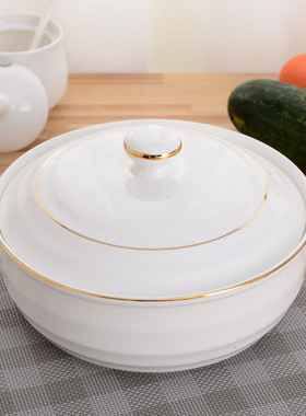 家用双耳带盖陶瓷螺纹汤窝创意炖盅纯白大号容量饭汤碗汤盆微波炉