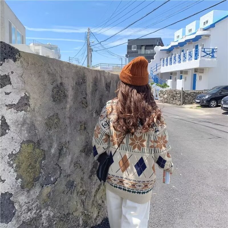 国潮森系拼接撞色加厚毛衣男女秋冬复古情侣款宽松圆领针织衫