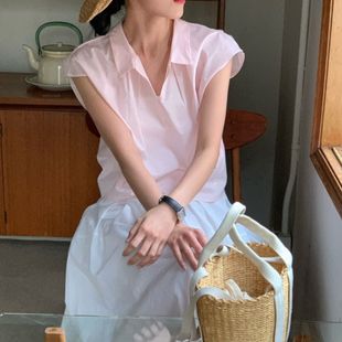 休闲百搭衬衫 尺寸更新chic 极简风V领小飞袖 韩系夏季 上衣 法式
