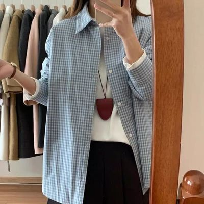 法式复古蓝色格子条纹POLO领薄款防晒衬衫女春夏宽松百搭休闲衬衣