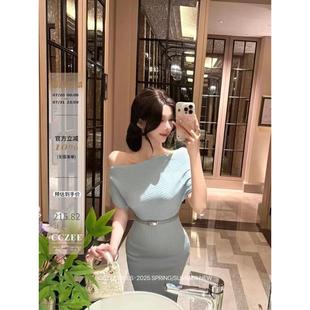 显瘦开叉中长款 cczee 露肩连衣裙女收腰修身 夏季 针织裙 人间梦露