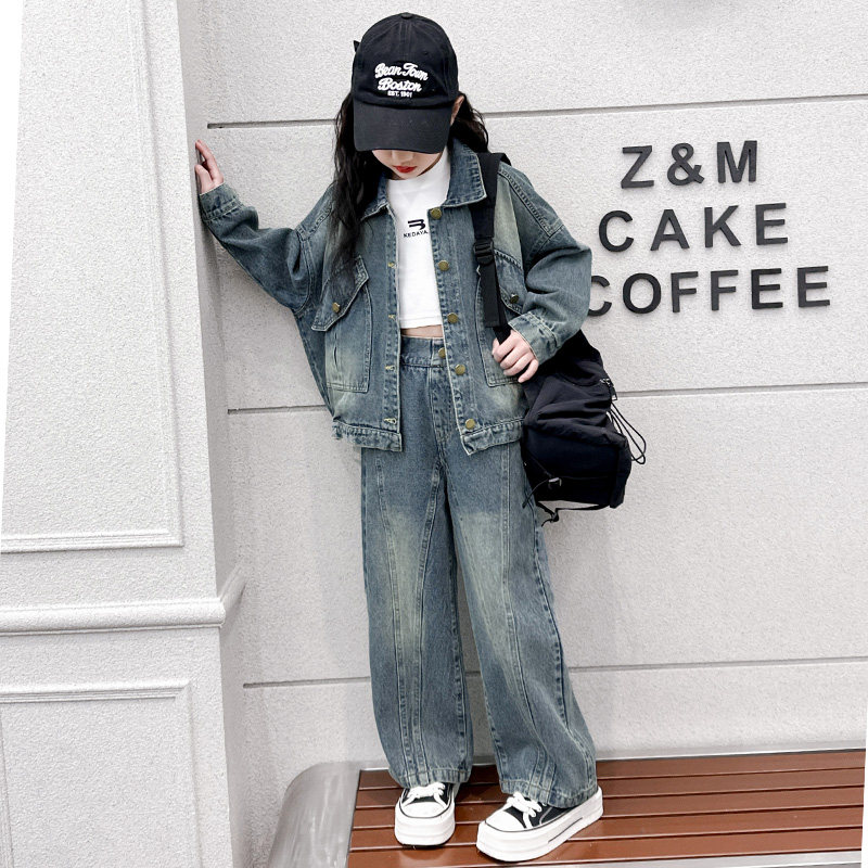 女童洋气牛仔外套阔腿裤套装春装