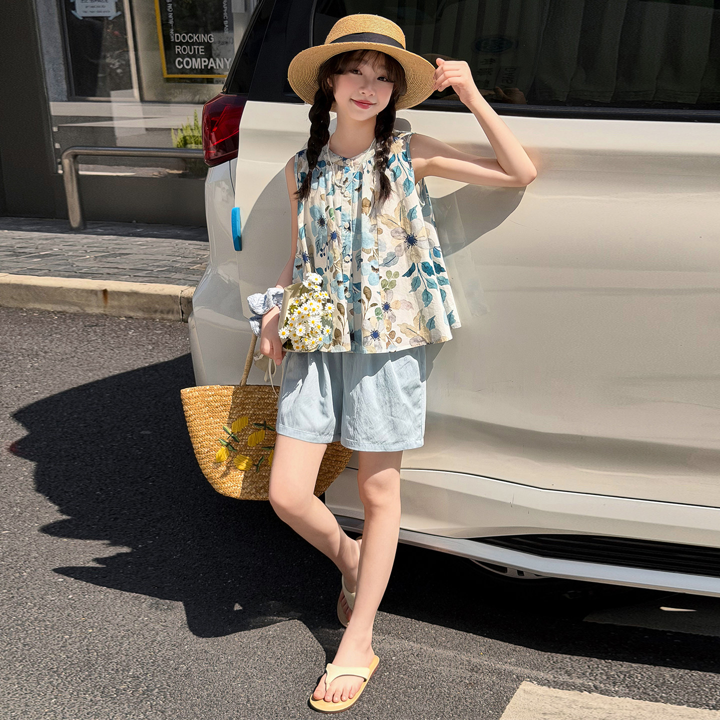 女童无袖碎花背心套装夏季2026新款女孩韩系短裤度假风两件套夏装