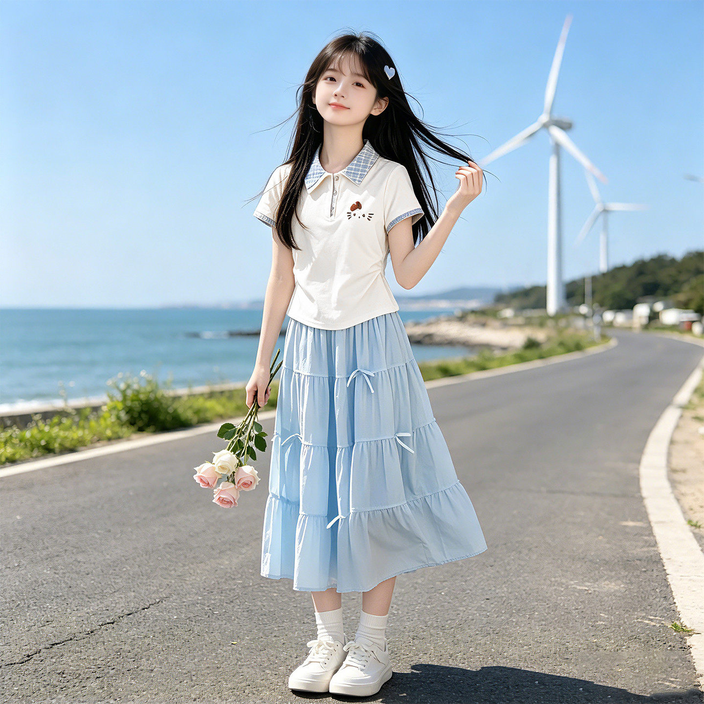 女童夏季学院风POLO衫短袖套装2026新款中大童半身裙洋气两件套夏