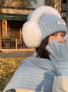 韩版ins帽子围巾女冬季百搭纯色氛围保暖帽子围巾手套耳罩四件套
