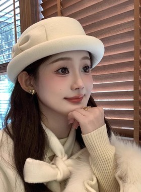 羊毛帽子女2025新款法式小礼帽毡帽英伦复古千金白色气质毛呢帽子