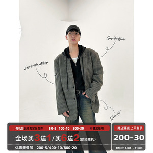 TRENDYWU 新品复古千鸟格logo胶标剪裁廓形垫肩抗皱毛呢加厚西服