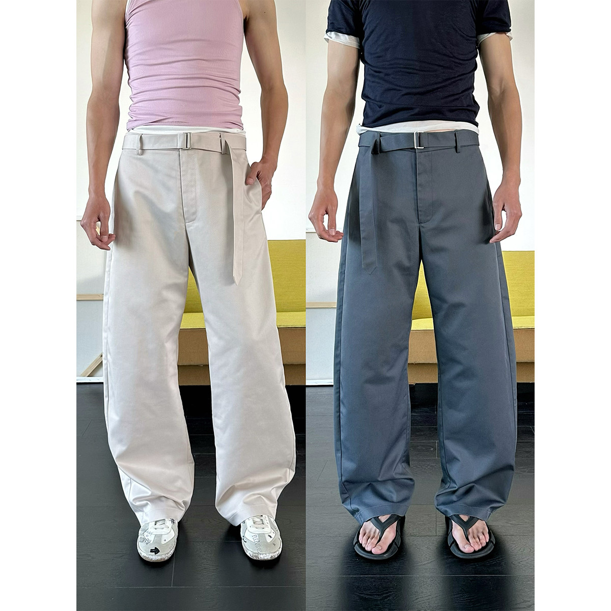 美式复古水洗弯刀腰带休闲裤