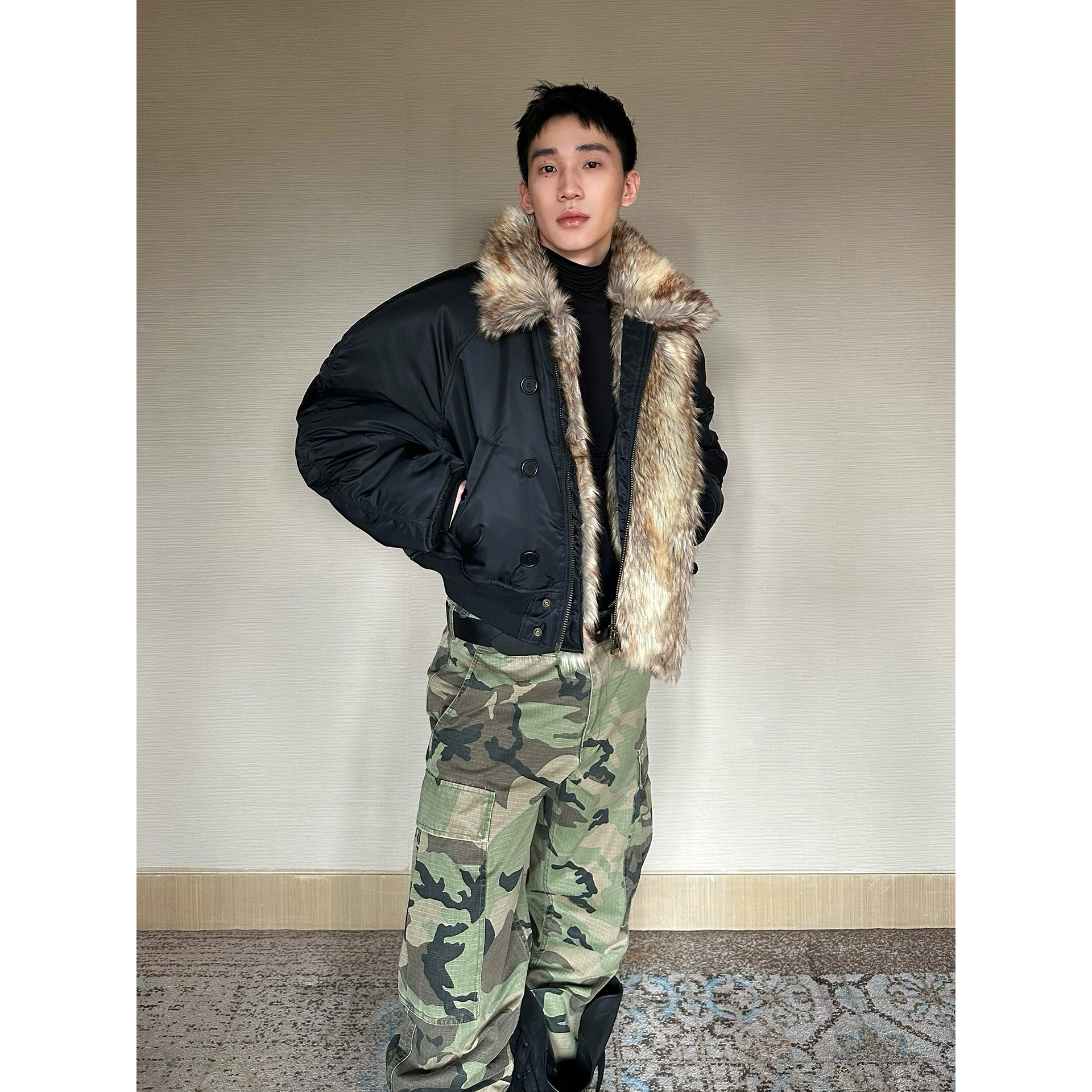 TRENDYWU4D加厚飞行员皮草棉服