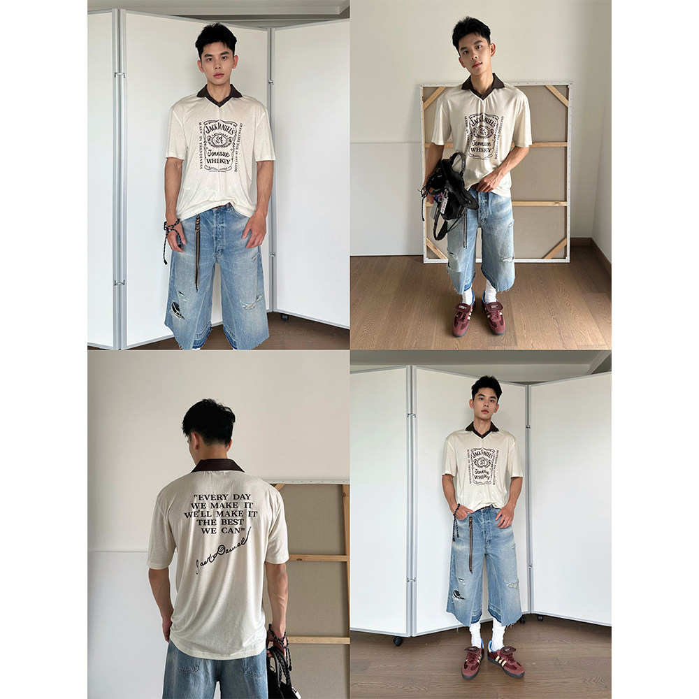 V领翻领短袖印花T恤美式复古