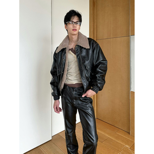 荼靡 新钱 做旧擦色皮毛一体OV宽松飞行员夹克 欧式 TRENDYWU