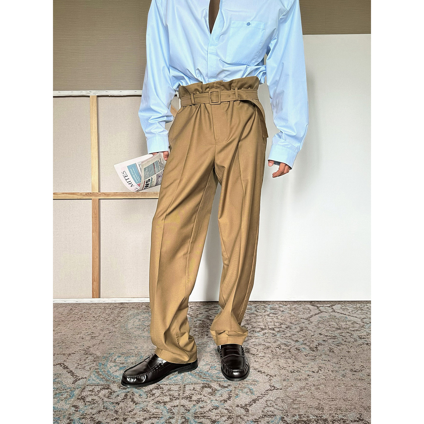 法式老钱腰带高腰休闲西裤