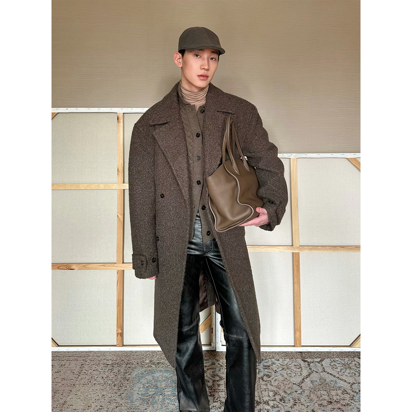 TRENDYWU加厚OV颗粒绒长大衣