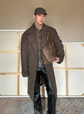 TRENDYWU 轻熟松弛“瑞士”檀木棕麦穗毛呢静奢OV颗粒绒厚长大衣