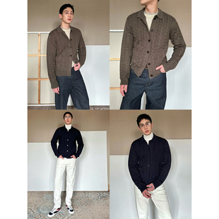 复古翻领羊毛绞花编织开胸厚粗线毛衣 拉夫 TRENDYWU 轻钱优雅