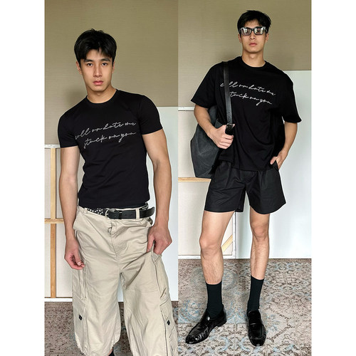 TRENDYWU 主推千禧“痴绵”烫钻slogan两版弹力棉百搭美式短袖T恤