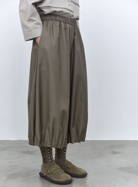 宽松下摆打褶设计简约日系裙裤28068松紧腰设计款舒适百搭休闲裤