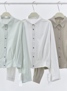 25结构款捏褶精致撞色纽扣长袖衬衫89519纯色日系上衣