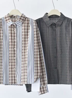 小众复古25早春格纹拼接设计纯棉翻领长袖衬衫36968